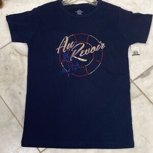 AU REVOIR T navy glittery shiny short sleeve shirt cotton New with Tag size S